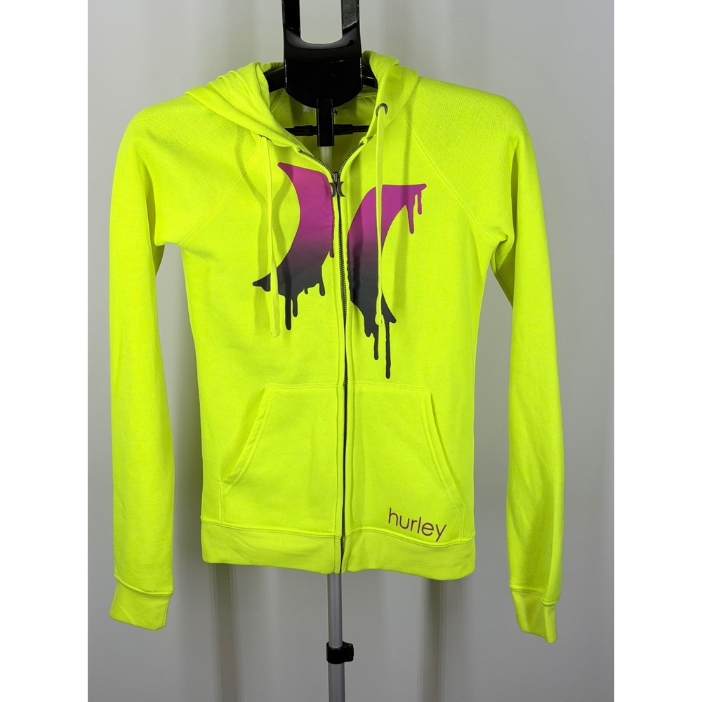Hurley Womens Neon Yellow Drip Logo Zip Up Hoodie Sweatshirt XS